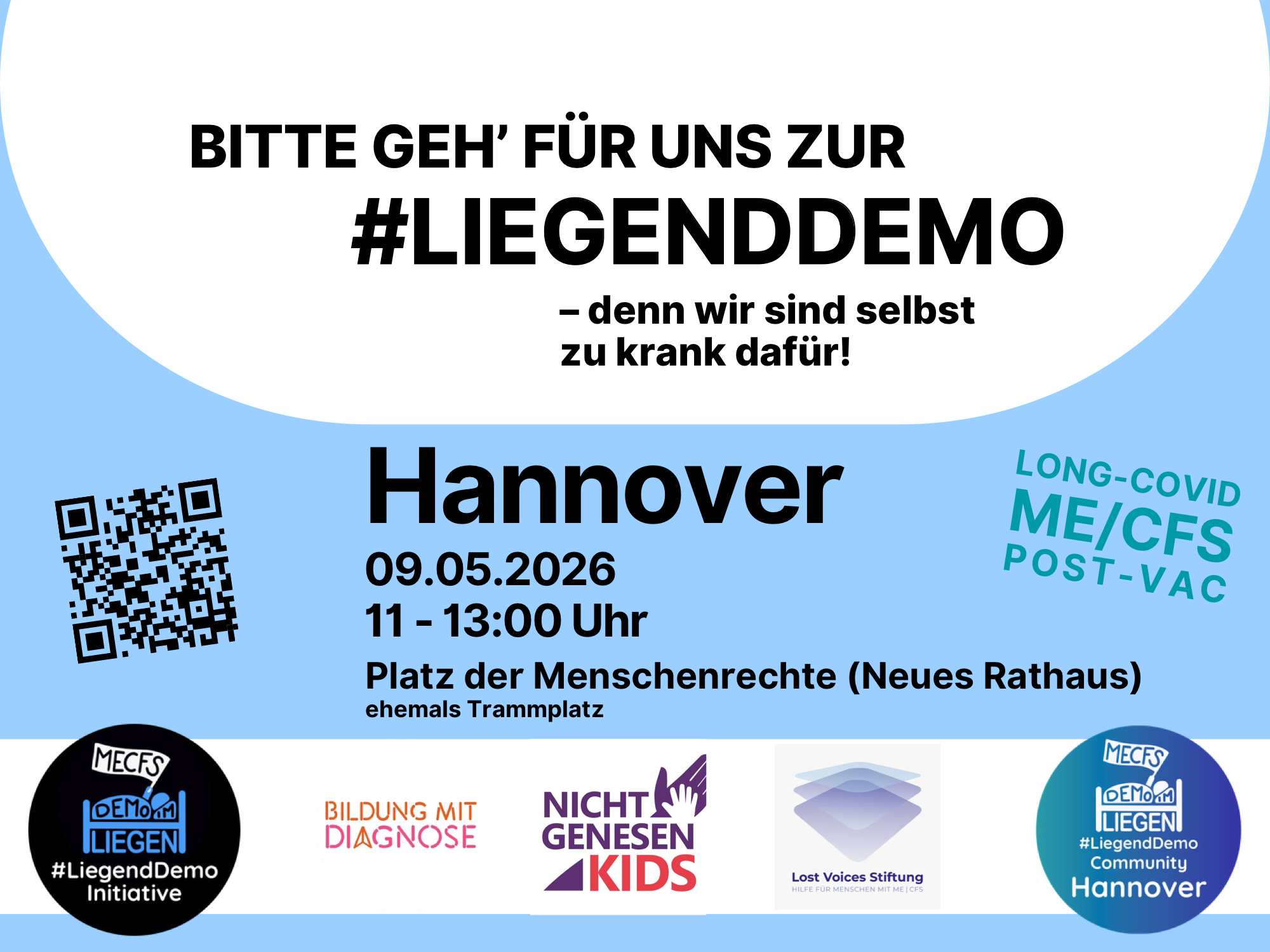 Plakat zur #LiegendDemo Hannover am 09.05.2026 von 11 bis 13 Uhr am Platz der Menschenrechte